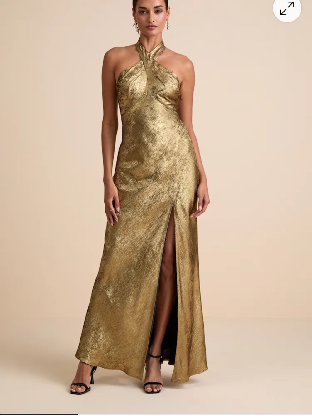 Lulus XS Knoxley Shiny Gold Lurex Cross-Front Halter Maxi Dress Good-Like New